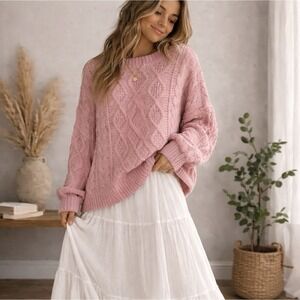 NWT's Simply Couture Womens 1X Fisherman Cable Knit Sweater Loose Fit Rose Pink